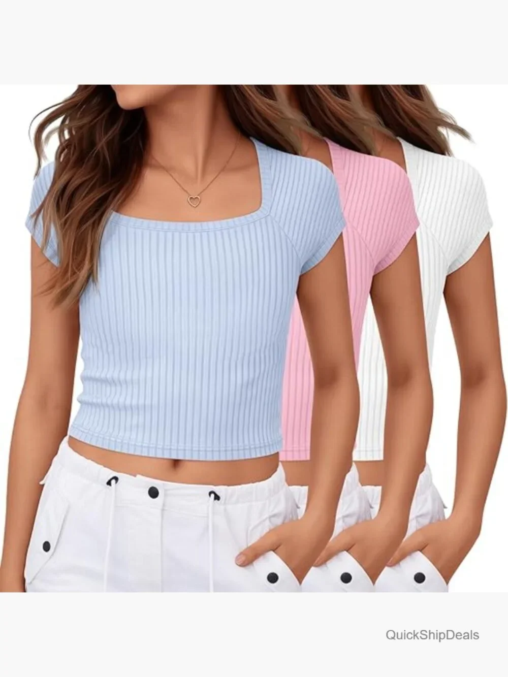 Ribbed Knit Crop Tops 3 Pack Short Sleeve Square Neck Tees